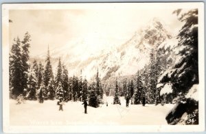 c1950s Snoqualmie Pass, Wash. RPPC Winter Scene People Skiing Real Photo PC A199