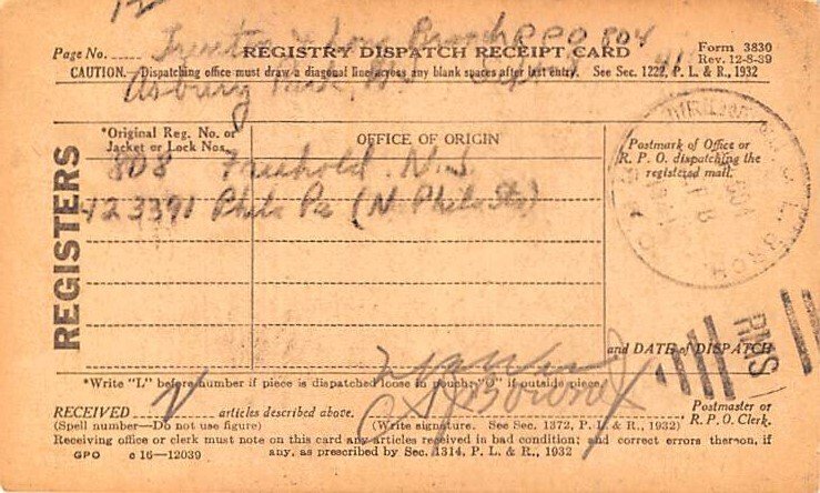 Registry Dispatch Receipt Card Mail Related 1941 