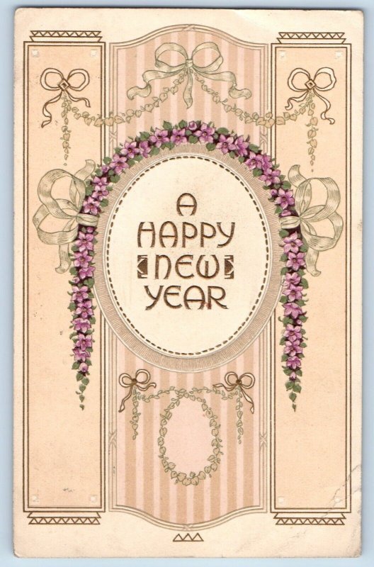 Hoskins Nebraska NE Postcard Happy New Year Flowers Embossed 1912 Antique Posted