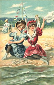 Two Beautiful Woman On The Beach Waving To Men? Embossed Postcard