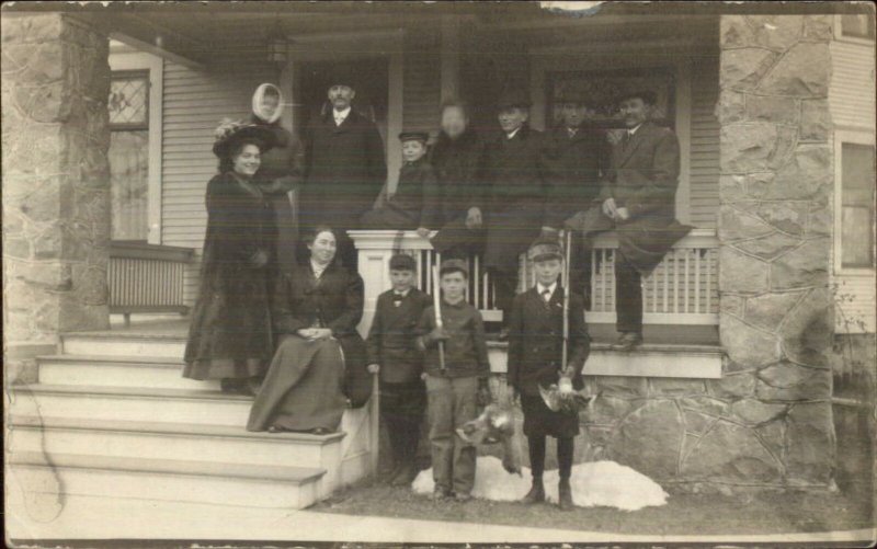 Family Photo on Porch Boys w/ Guns & Bird Hunting Catch Real Photo Postcard