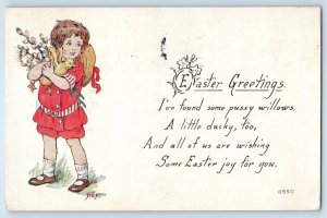 1918 Easter Greetings Children Boy With Pipe Berry And Little Duckling Postcard