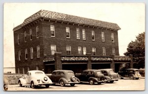 West Branch Michigan~Unusual Tile Decorations on Roof of Bldg RPPC 1940s Cars 