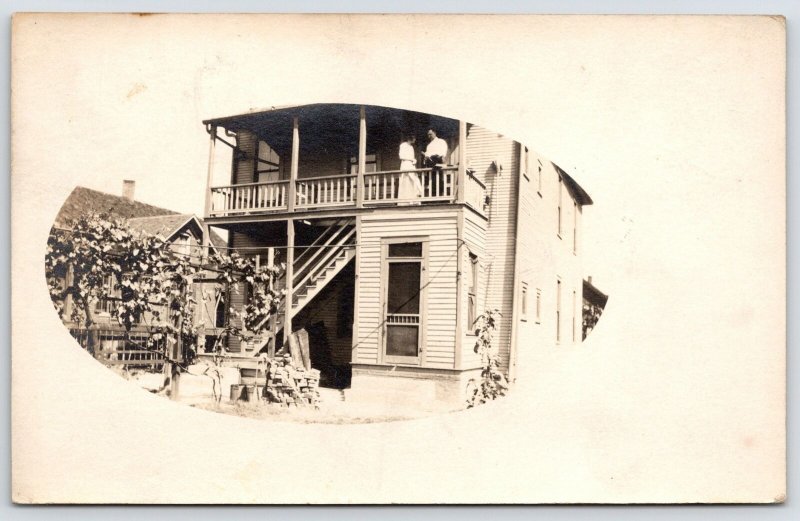 RPPC Home Oval~Exterior Stairsteps~Folk on Balcony~Covered Entrance~Arbor c1910 