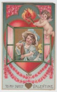 Girl & Cherub Valentine Embossed 1900's Postcard
