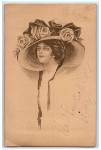 1911 Pretty Woman Floral Big Hat Gibson St. Joseph Missouri MO Antique Postcard