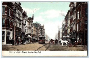 Evansville Indiana IN Postcard View Of Main Street Trolley Horse And Buggy