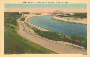 Cape Cod MA Scenic Hwy Along Sagamore   Linen Postcard Unused