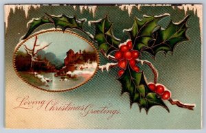 Loving Christmas Greetings, Rural Winter Scene, Holly, Antique Embossed Postcard