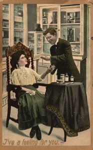Vintage Postcard 1906 Lovers Couple Holding Her Hands Taking Medicine Romance