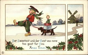 Christmas Stecher 316F Dutch Boy Weiner Dachshund Dog Vintage Postcard