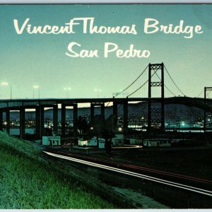 c1970s San Pedro CA Night Vincent Thomas Suspension Bridge Lights LA Chrome A197