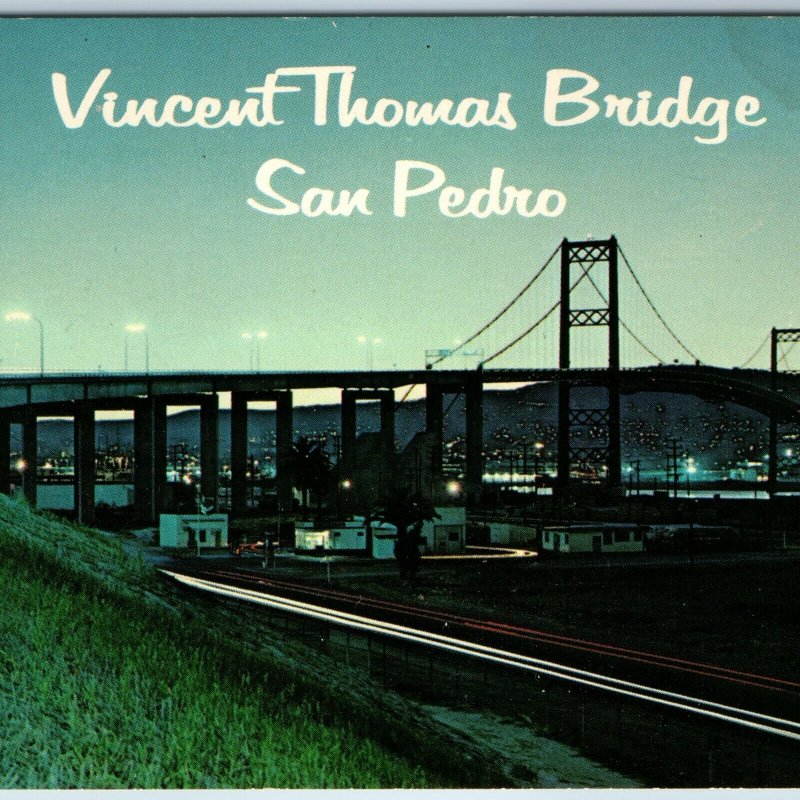 c1970s San Pedro CA Night Vincent Thomas Suspension Bridge Lights LA Chrome A197