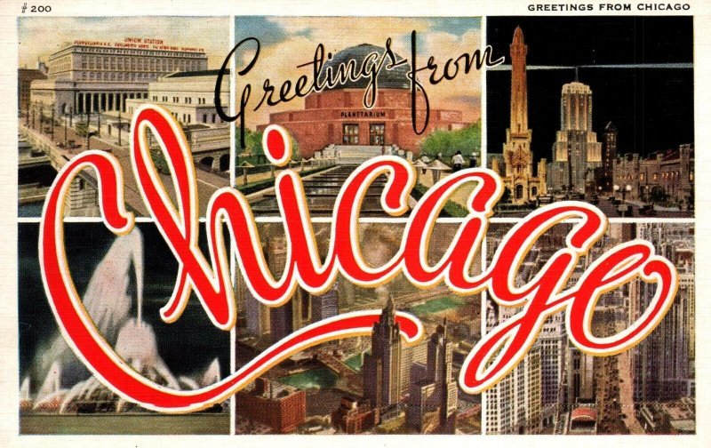 VINTAGE POSTCARD GREETINGS FROM CHICAGO MULTI-VIEW LINEN MINT CONDITION