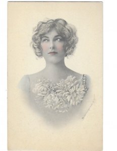 Beautiful Woman with Flowers Soft Tint Colors Schlesinger Bros NY