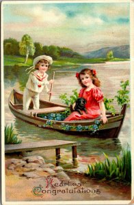 CONGRATULATIONS - KIDS BOY GIRL DOG BOAT - VINTAGE - POSTCARD 