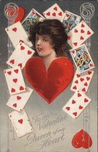 Valentine Playing Cards Queen of Hearts c1910 Vintage Postcard