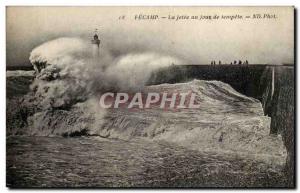 Fecamp Old Postcard The pier one day storm (lighthouse)