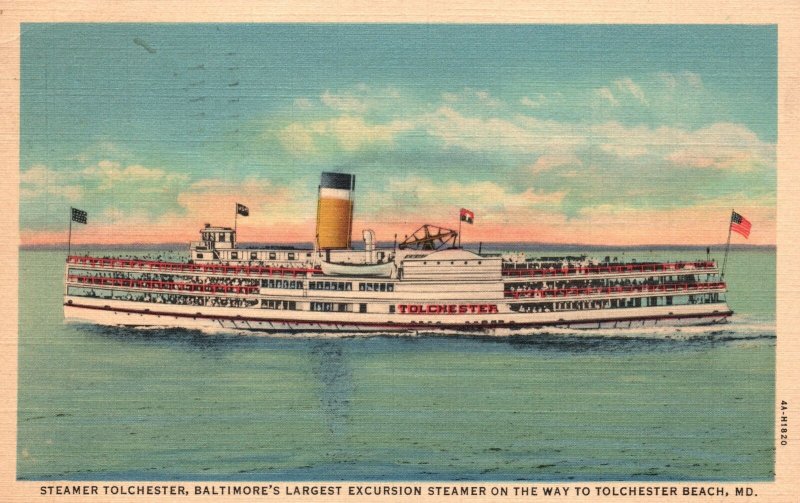 Vintage Postcard 1939 Largest Steamer Ship on The Way to Tolchester Beach MD