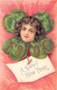 New Year Greetings 1906 Year Date Girl Clover Face Vintage Postcard AA72156