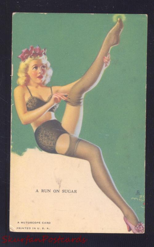 RISQUE MUTOSCOPE CARD SEXY PINUP PRETTY GIRL VINTAGE POSTCARD A RUN ON SUGAR