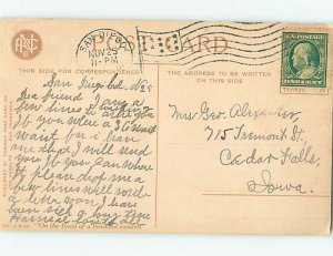 Divided-back ROSE BUSHES BY THE HOUSES Postmarked San Diego California CA AD7574