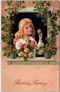 BIRTHDAY Greeting CUTE GIRL in Flower Framed Window  c1910s Embossed Postcard