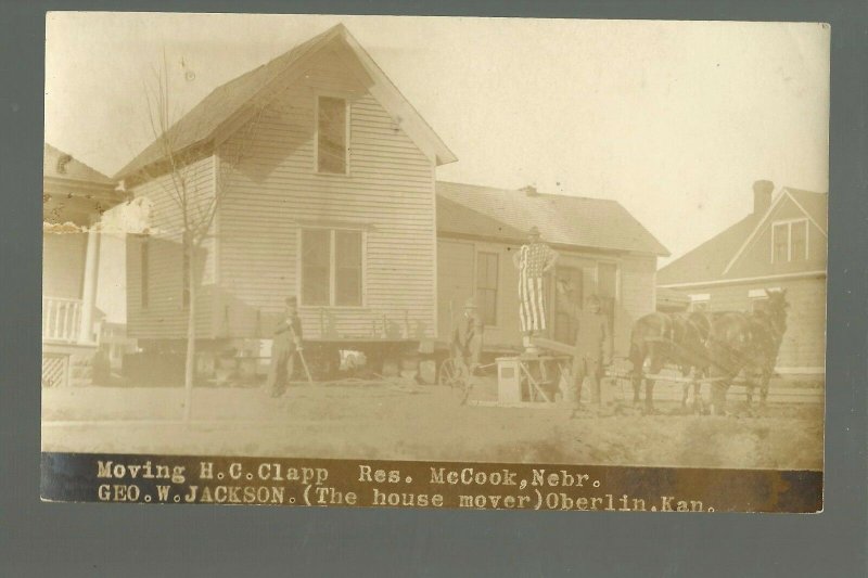 McCook NEBRASKA RP c1910 HOUSE MOVER George Jackson ADVERTISING Oberlin Kansas