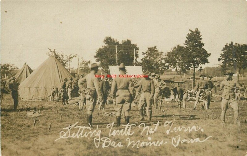 Military, IA, Des Moines, Iowa, Setting Tents, RPPC