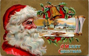 Postcard Embossed A Merry Christmas Blue-Eyed Santa Wreath and Bell 1910 L12