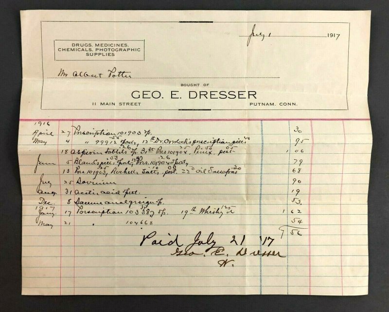 1917 George Dresser Druggist Putnam CT Bill Invoice Receipt Main Street Chemical