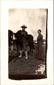 RPPC Mother and Dad Morris Pose on Farm with thier Cow on Farm Postcard J21
