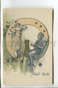 478081 EASTER Clown Pierrot & Chimney Sweep HORSESHOE Christmas Vintage postcard