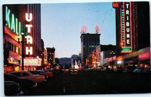 Salt Lake City Utah 1958 Main Street at Night old Tribune Vintage Postcard A62