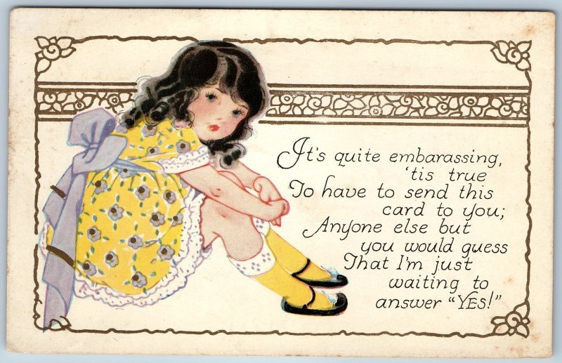 1920s Cute Romance Art Postcard Girl Yellow Dress Waiting Answer Love Letter A39