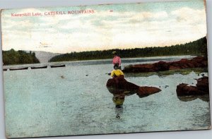 Postcard NY Catskill Mountains Kaaterskill Lake - women on rocks