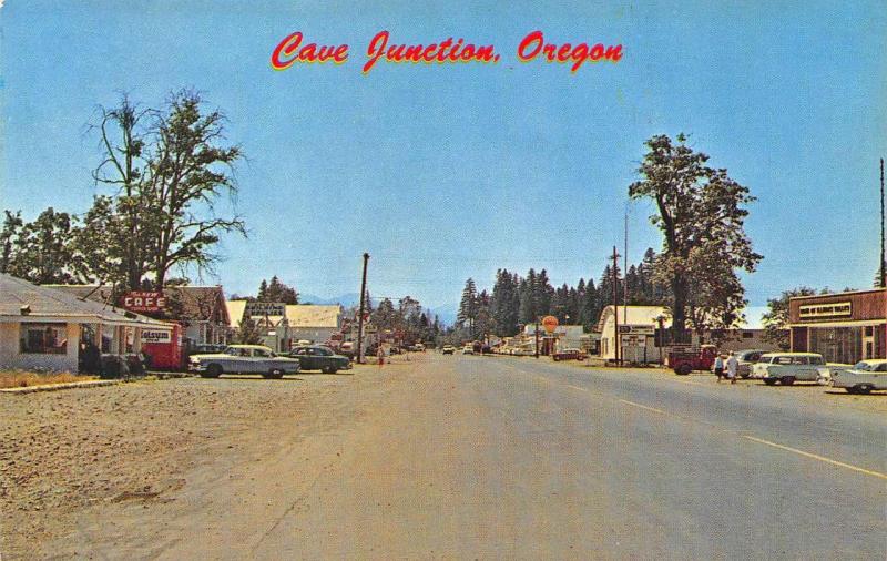 Cave Junction OR Storefronts Cafe Shell Gas Station Old Cars Postcard