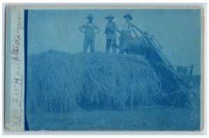 1909 Cyantotype Farmer Machinery Hay Occupational Tremont IL RPPC Photo Postcard 