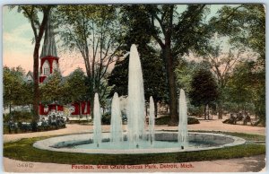 c1910s Detroit, MI West Grand Circus Park Fountain PC Church Crowd on Bench A324