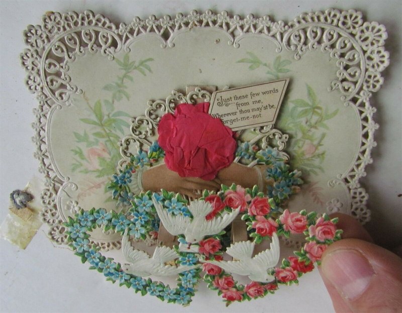 VALENTINE POP UP FORGET ME NOT antique LACE CARD w/ DOVES & FLOWER HEARTS RARE