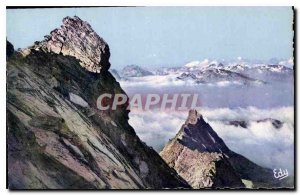 Old Postcard The Alps Picturesque Two lofty summits emerge clouds