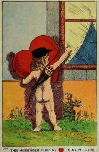 Circa 1910 Valentine Cupid Big Heart Messenger Vintage Postcard P59