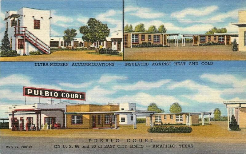 Linen Multiview Postcard Pueblo Court Motel & Gas Station Route 66 Amarillo TX