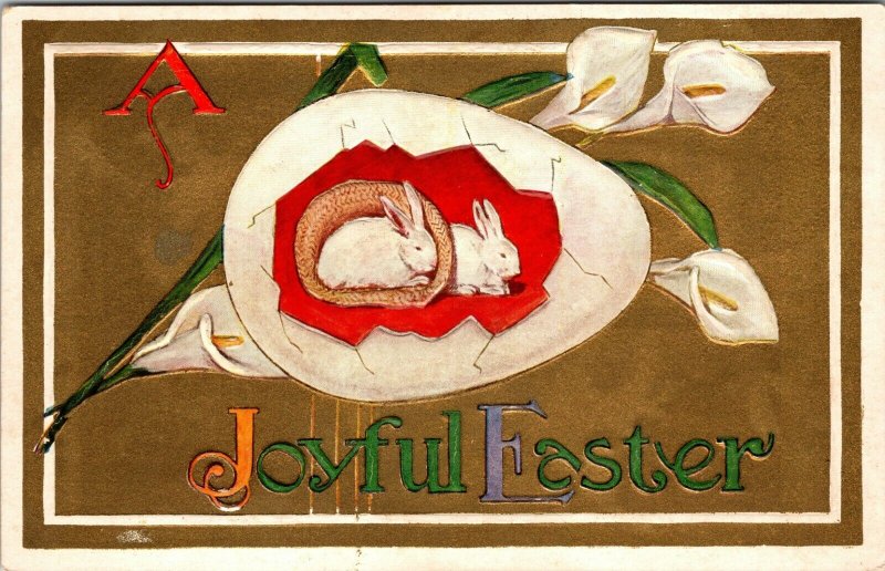 A JOYFUL EASTER GREETINGS - VINTAGE - RABBIT BUNNY EGG FLOWERS POSTCARD - PC 