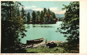 Vintage Postcard 1920s Tea Island from Caldwell Shore Lake George New York N.Y.