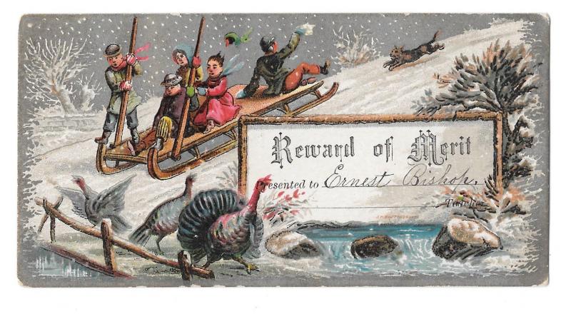 Victorian 2 Reward of Merit Cards Ducks Turkeys Sled Ernest Bishop Chromo Litho