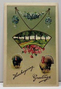 Thanksgiving, Pretty Park Scene & Turkeys Embossed Postcard F12