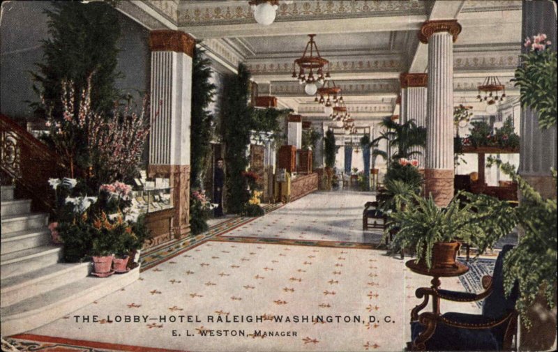 WASHINGTON DC Hotel Raleigh Lobby c1910 Postcard