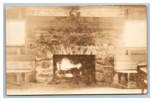 Vintage 1910's RPPC Postcard Deer Head over Rock Fireplace in Lodge