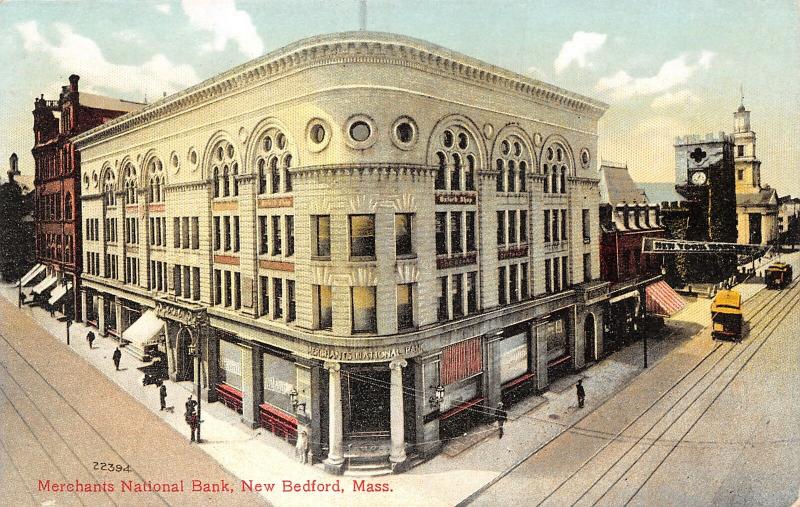 New Bedford MAMerchants National Bank CornerOxford ShopTrolley1908 Postcard